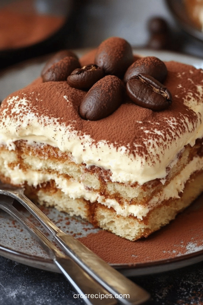 Tiramisu classique en couches avec cacao saupoudré, crème mascarpone et biscuits imbibés de café.