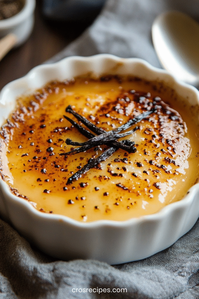Crème brûlée maison dorée avec croûte caramélisée et texture crémeuse en ramequin.