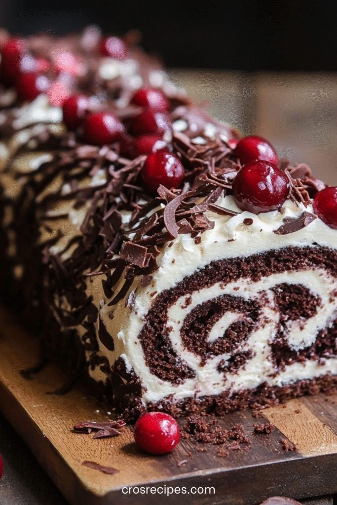 Gâteau roulé Forêt-Noire au cacao garni de chantilly et de cerises, décoré de copeaux de chocolat.