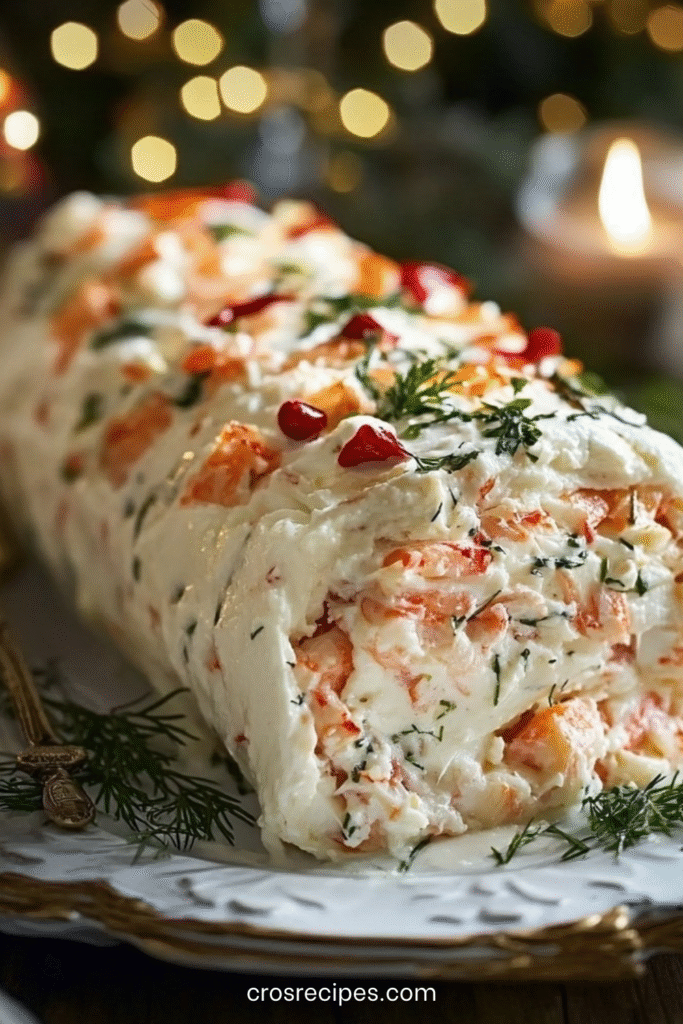 Bûche au crabe et cream cheese décorée d’herbes fraîches et de citron en tranches.