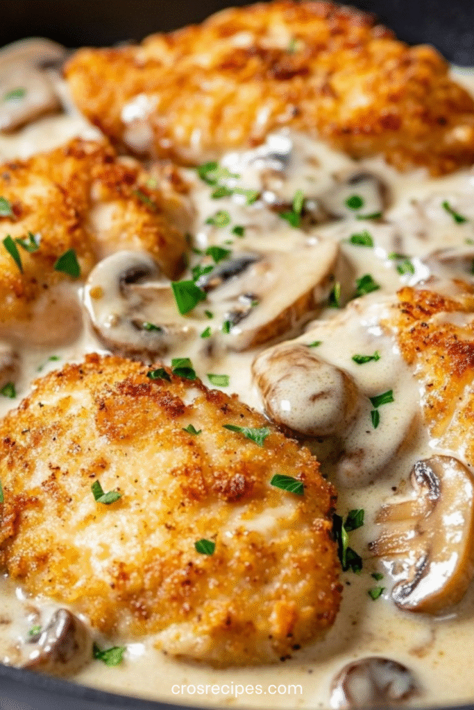 Poulet pané croustillant servi avec une sauce crémeuse aux champignons et parmesan.