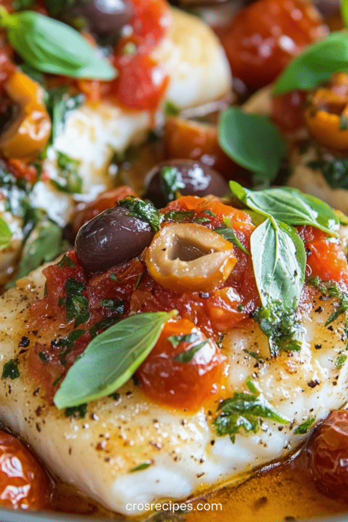 Filets de cabillaud cuits au four avec tomates cerises et olives, baignés d’huile d’olive et d’herbes méditerranéennes.