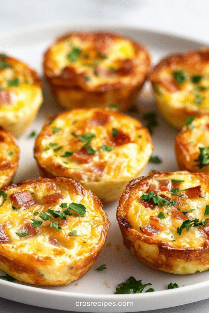 Mini-quiches sans croûte dorées aux lardons et fromage dans un moule à muffins.