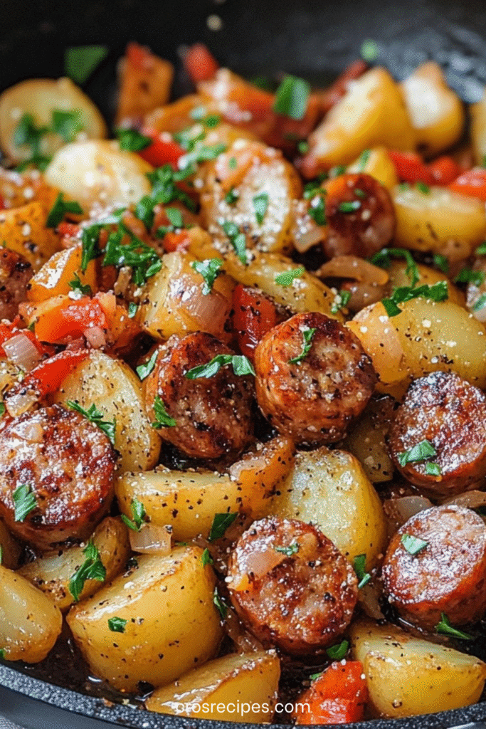 Poêlée rustique de pommes de terre dorées et saucisses fumées avec oignons et poivrons.