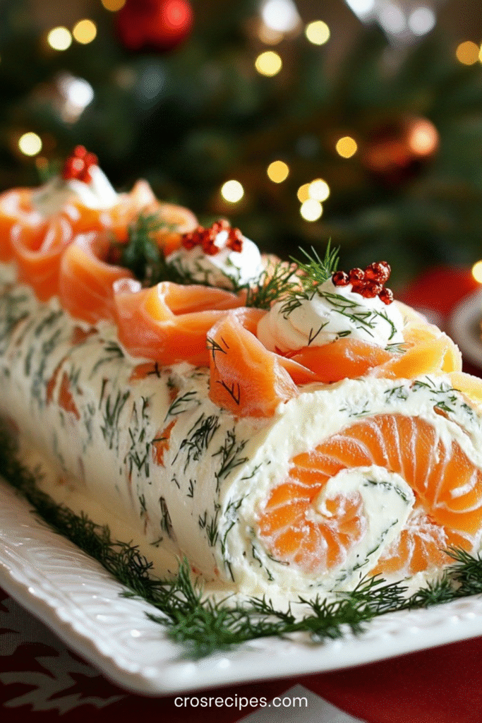 Bûche salée roulée au saumon fumé garnie de fromage frais à l’aneth, présentée sur un plat décoré de citron et herbes.