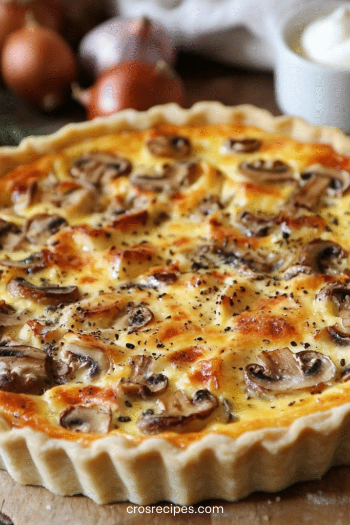 Quiche au poulet dorée, champignons et fromage dans un moule à tarte.