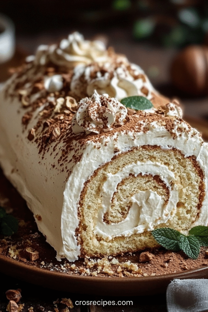 Gâteau roulé à la crème de marrons décoré de sucre glace et morceaux de marrons glacés.