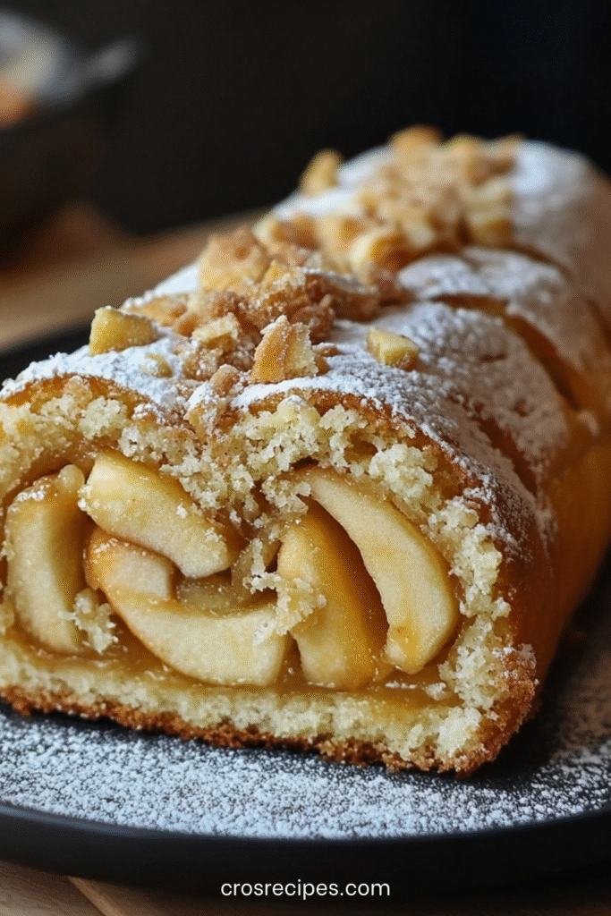 Gâteau roulé aux pommes garni de pommes caramélisées et saupoudré de sucre glace.