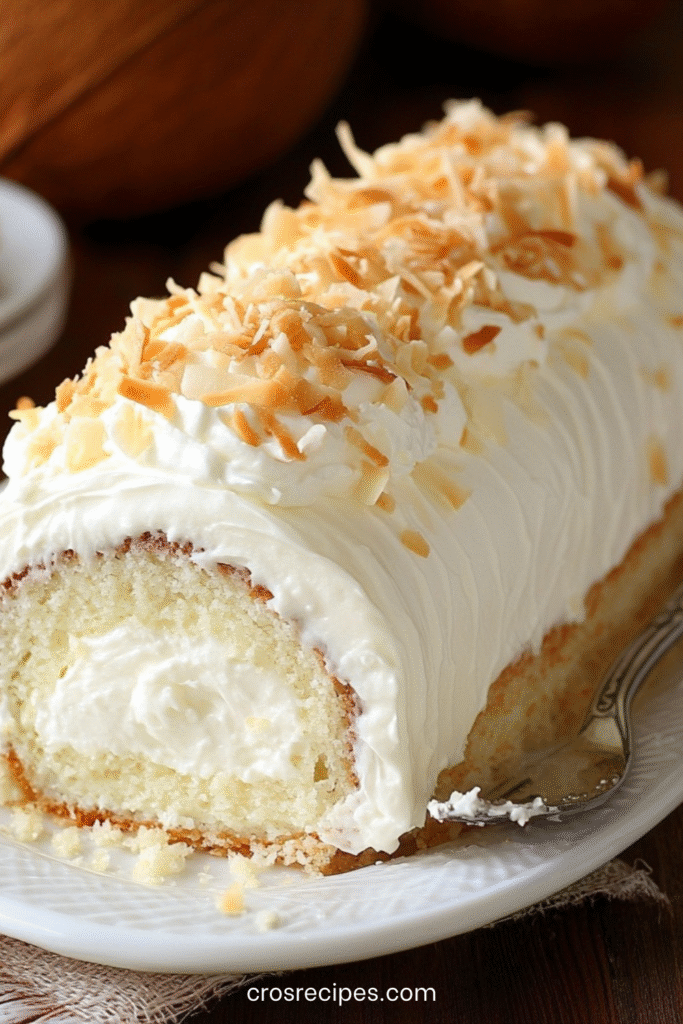 Gâteau roulé à la noix de coco garni de crème pâtissière, saupoudré de noix de coco râpée.