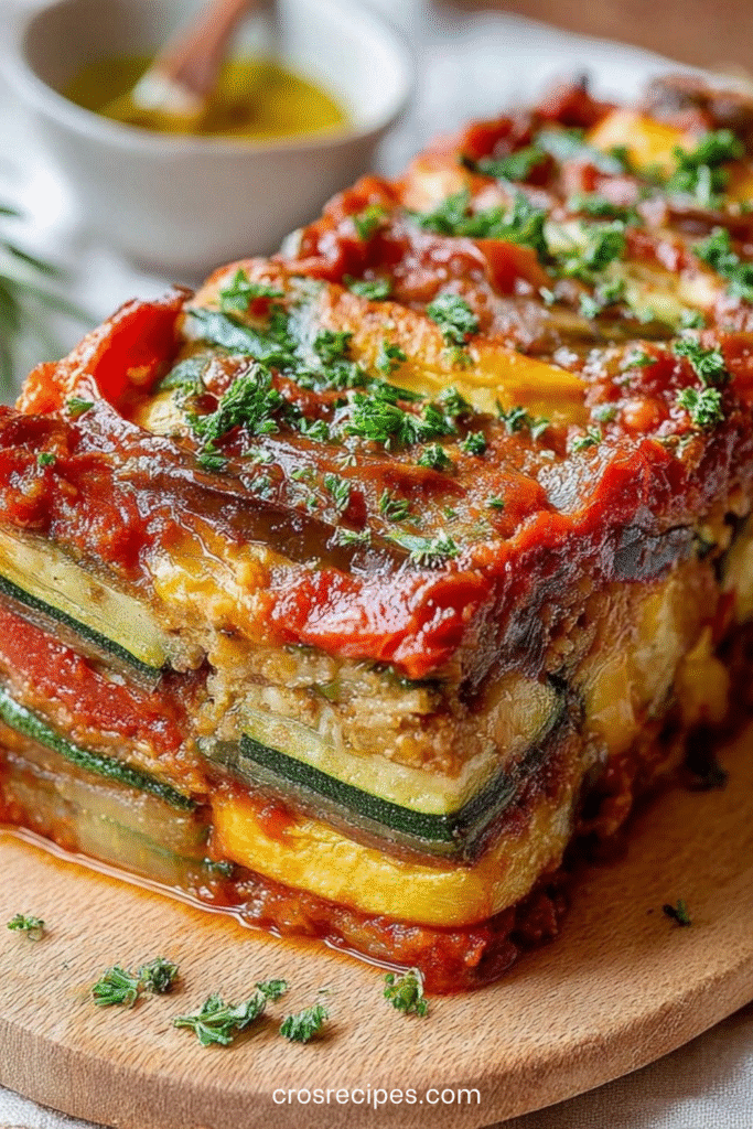 Terrine de ratatouille fondante avec courgettes, aubergines et tomate confite, servie en tranches.