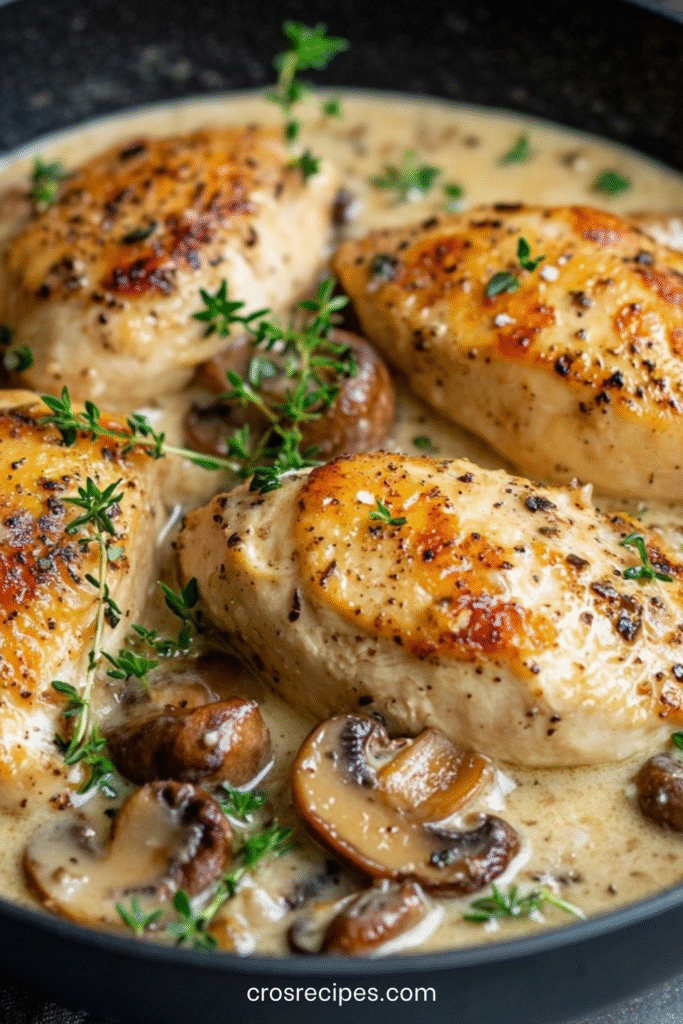 Assiette de poulet à la crème et champignons avec sauce onctueuse, décorée de persil.