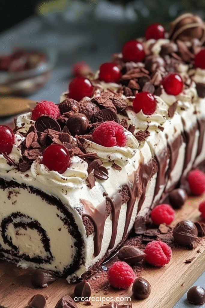 Gâteau roulé Forêt-Noire garni de chantilly, cerises et copeaux de chocolat.