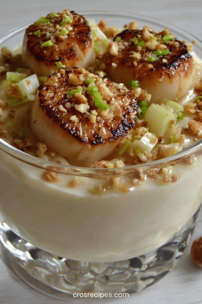 Verrines gastronomiques de Saint-Jacques poêlées posées sur une crème de panais, décorées de noisettes et oignon nouveau.