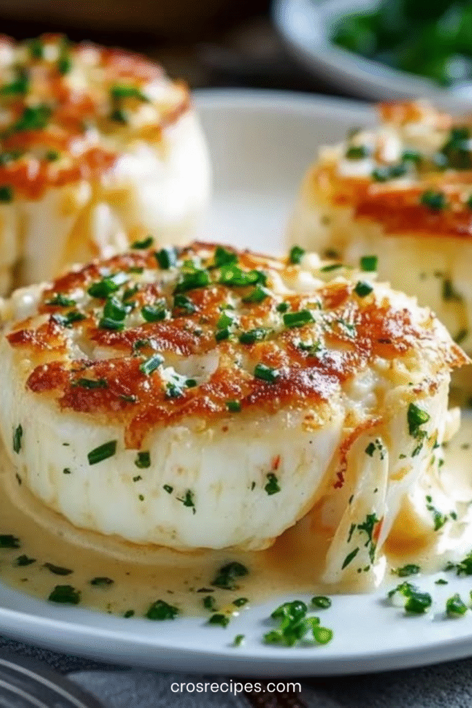 Flans de crabe individuels nappés de sauce crémeuse à la ciboulette dans une assiette élégante.