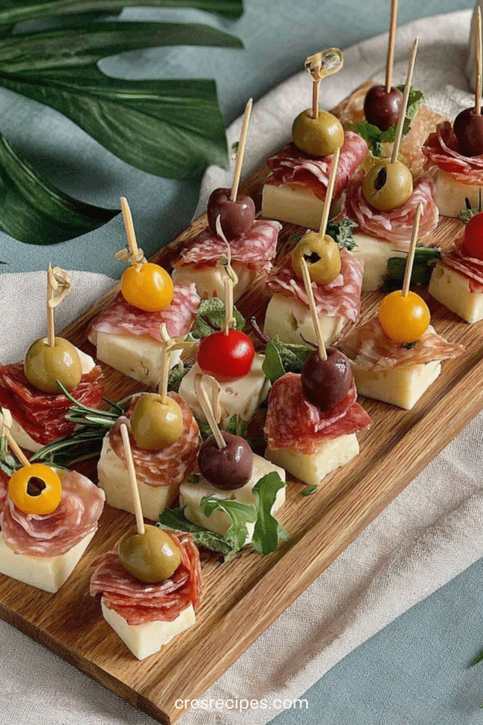 Mini brochettes apéritives composées de fromage, salami, olives et tomates cerises sur un plateau en bois.