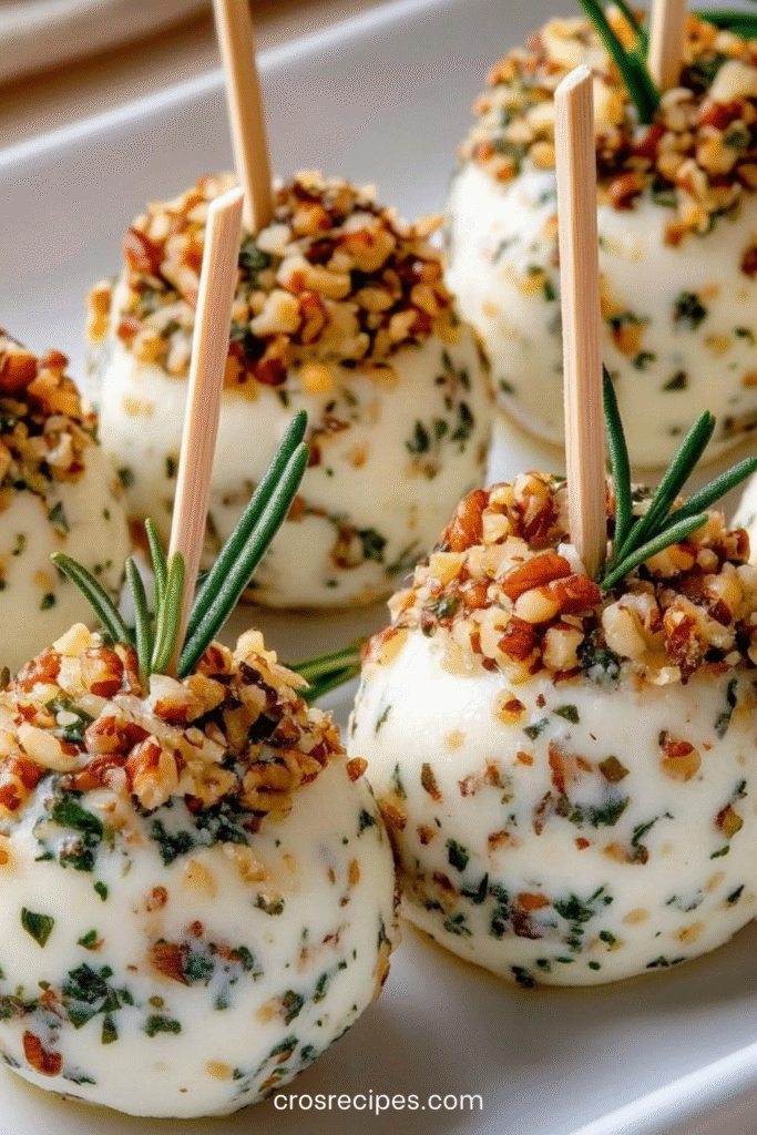 Boules de fromage frais roulées dans des noix concassées avec herbes et pics décoratifs.