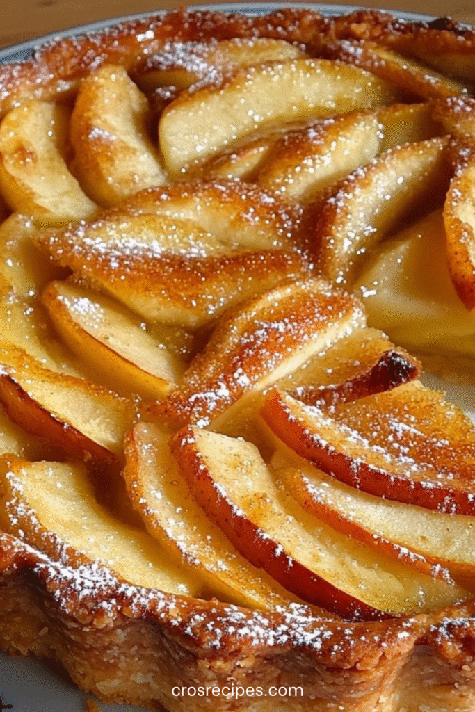 Tarte alsacienne aux pommes avec rosace de pommes et flan vanillé sur pâte sablée dorée.