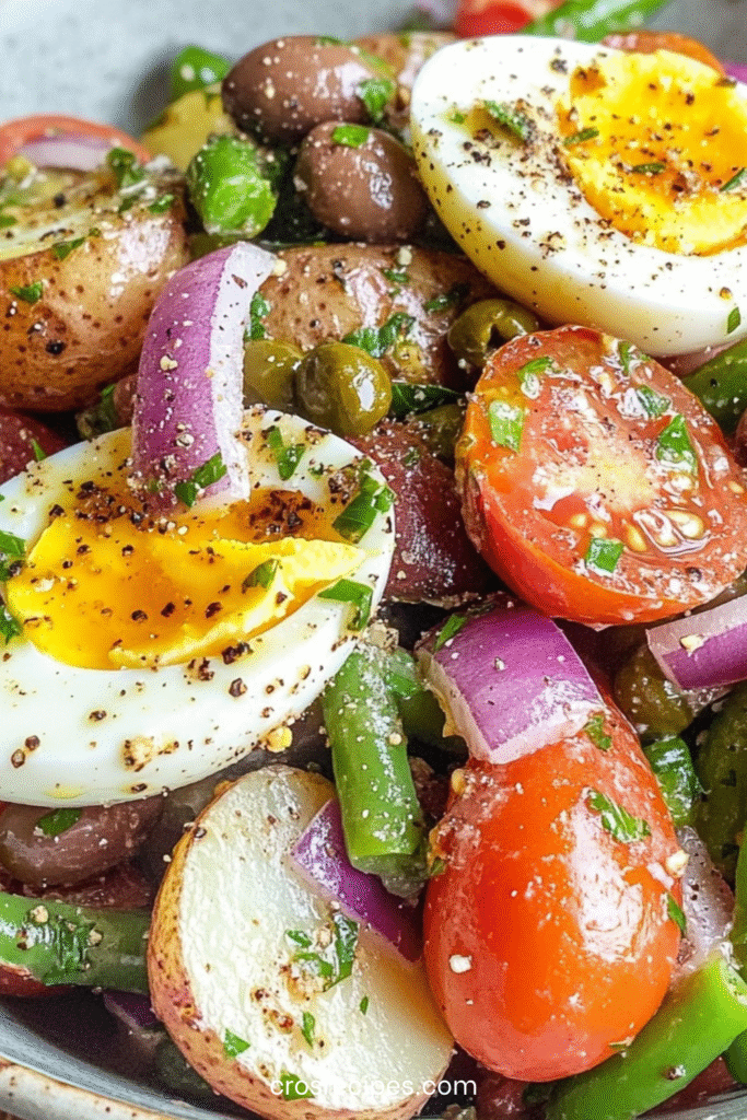 Salade tiède façon niçoise composée de pommes de terre fondantes, œufs mollets, tomates cerises, olives et haricots verts dans un grand saladier.