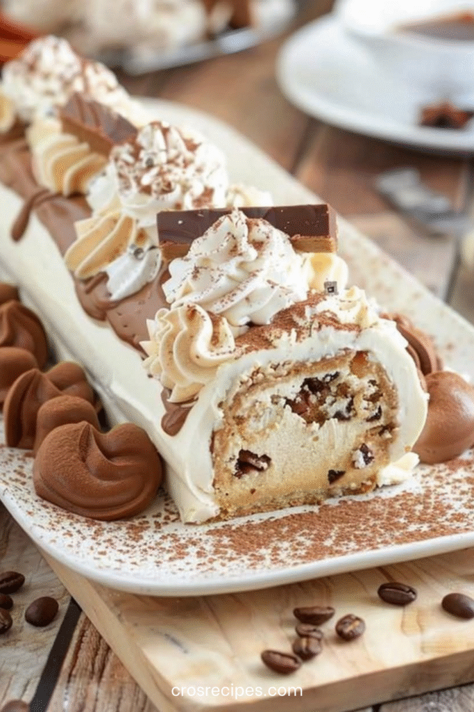 Bûche de Noël roulée au café, décorée de cacao et grains de café.