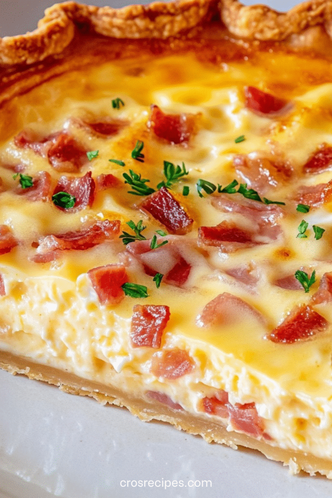 Quiche Lorraine dorée et fondante, coupée en parts, avec lardons et fromage dans une pâte croustillante.