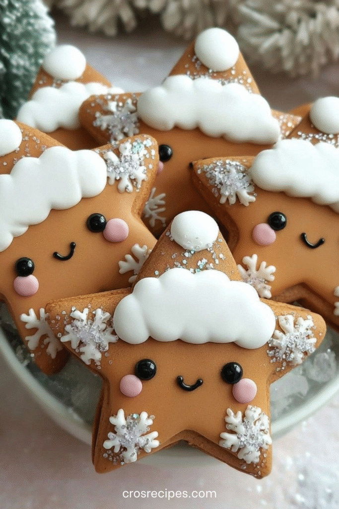 Biscuits étoiles en pain d’épices décorés de bonnets neige blancs et de petits visages souriants avec paillettes hivernales.