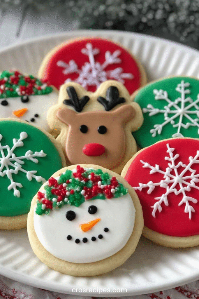 Biscuits de Noël décorés avec glaçage coloré en flocons, rennes et bonhommes de neige, prêts à être dégustés.