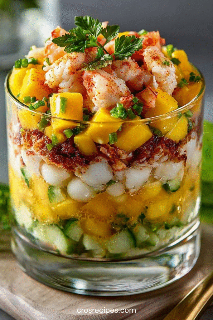 Verrines crevettes composées de mangue, concombre et couches fraîches assemblées en étage.