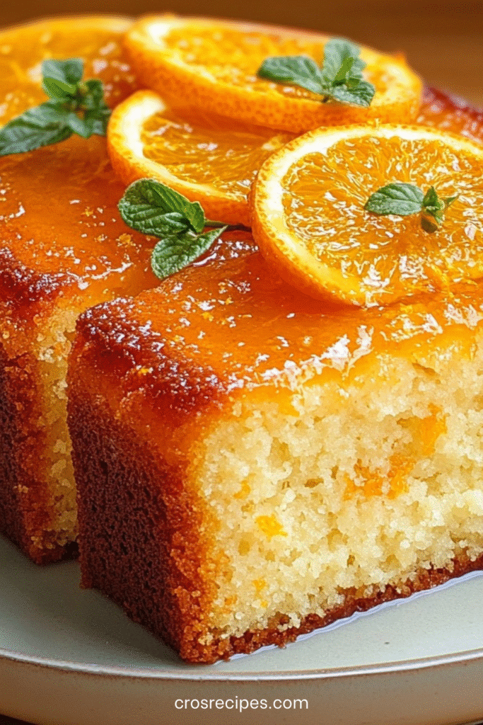 Gâteau moelleux à l’orange nappé d’un glaçage brillant avec rondelles d’orange en décor.