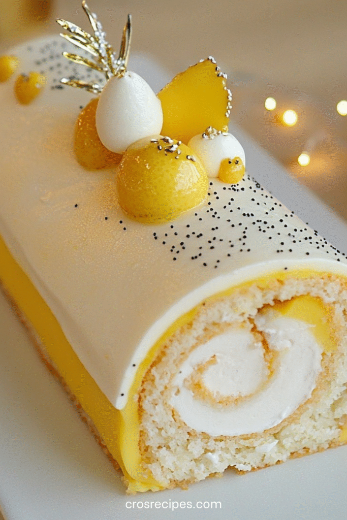 Bûche roulée citron–vanille nappée d’un glaçage blanc brillant, décorée de graines de pavot et segments de citron.