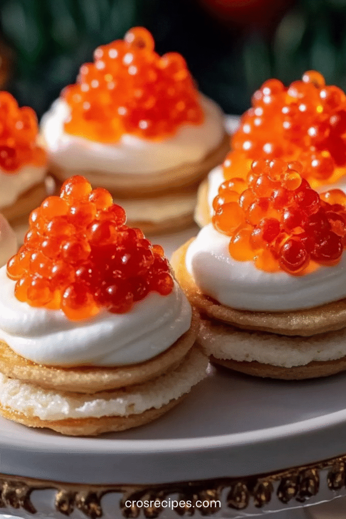 Mini blinis garnis de crème citronnée et surmontés d’œufs de saumon, présentés sur un plateau apéritif.