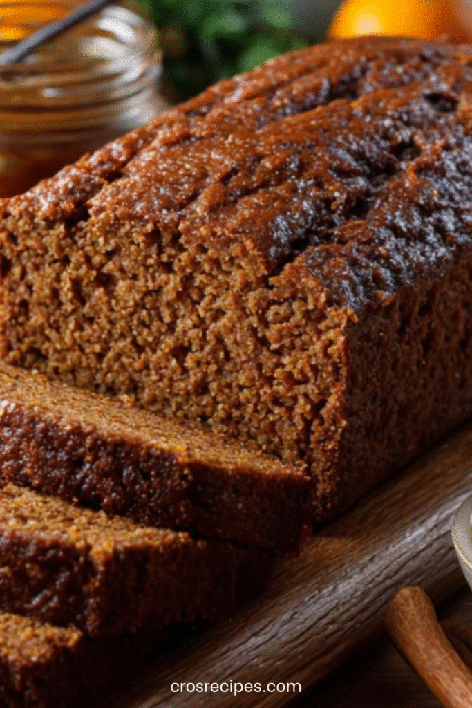 Pain d’épices moelleux parsemé d’amandes et de dés d’orange confite, tranché sur une planche en bois.