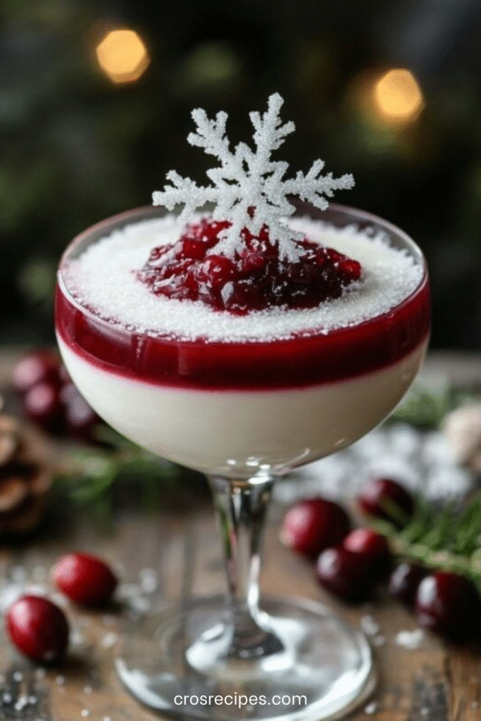 Verrines de panna cotta vanille nappées de coulis de fruits rouges, décorées façon dessert de Noël.