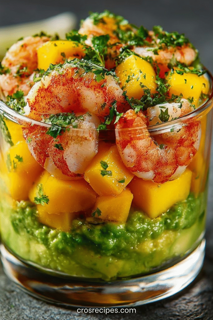 Verrines composées de crevettes, mangue et avocat en couches colorées, présentées pour une entrée festive.