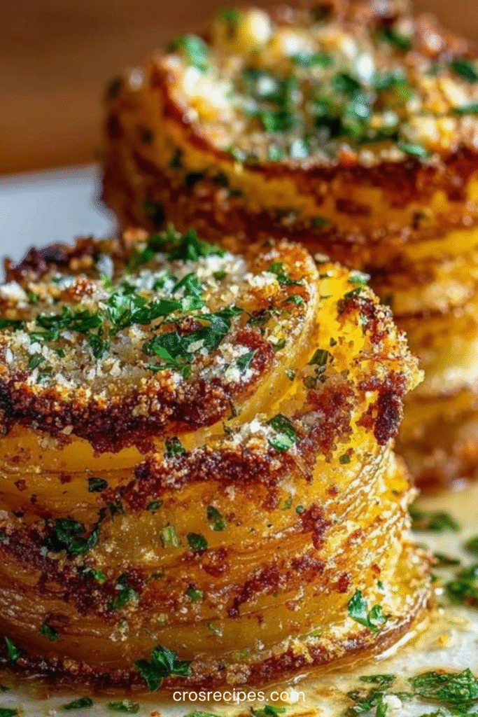 Pommes de terre au four croustillantes au parmesan, dorées et empilées, parsemées de persil frais.
