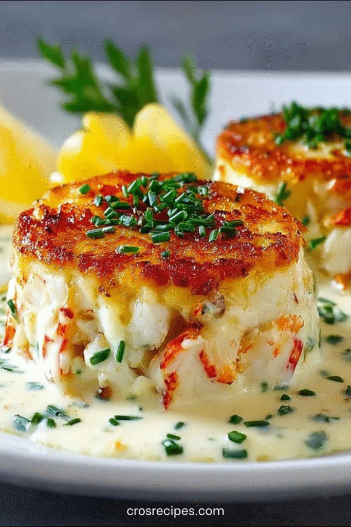 Flan de crabe fondant nappé de sauce citronnée, servi en entrée élégante avec ciboulette fraîche.