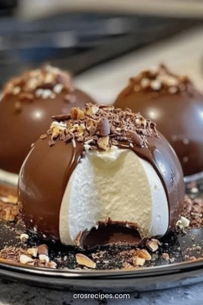 Dômes glacés à la vanille recouverts d’une coque en chocolat brillant, décorés d’éclats de fruits secs.