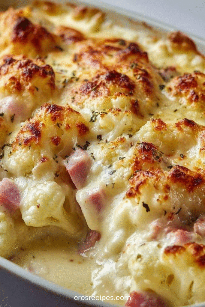 Gratin de chou-fleur au jambon et fromage doré au four, servi dans un plat familial.
