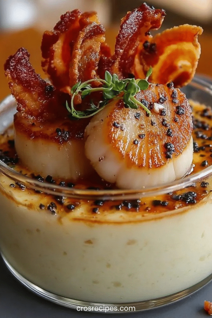 Verrines de crème de chou-fleur onctueuse garnies de noix de Saint-Jacques dorées et de bacon croustillant.