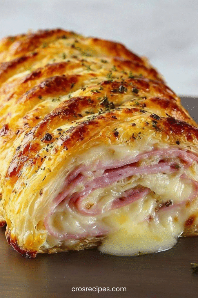 Roulé feuilleté au jambon et fromage doré au four, tranché et servi chaud avec une salade.