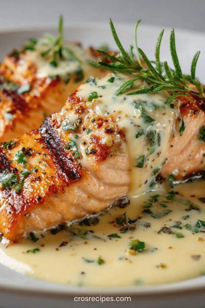 Pavés de saumon poêlé nappés de sauce crémeuse aux herbes, servis dans une poêle avec citron et herbes fraîches.