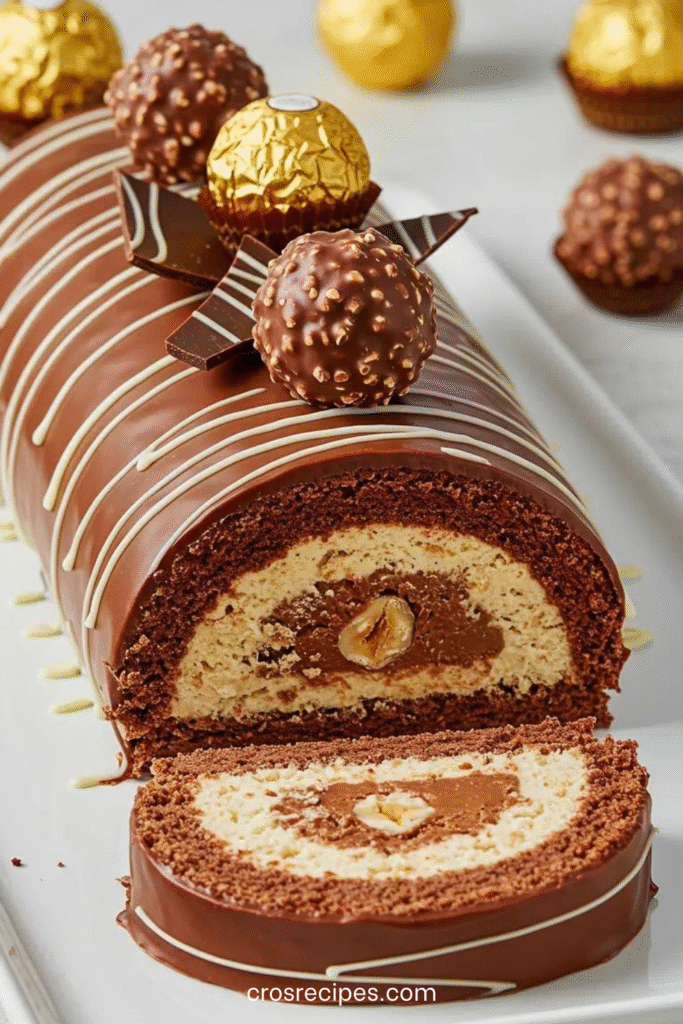 Bûche roulée au chocolat façon Ferrero Rocher avec glaçage rocher croquant et décor de chocolats Ferrero.