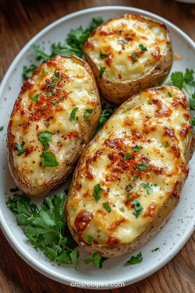 Pommes de terre farcies au fromage fondu et aux herbes fraîches, dorées au four et servies chaudes.