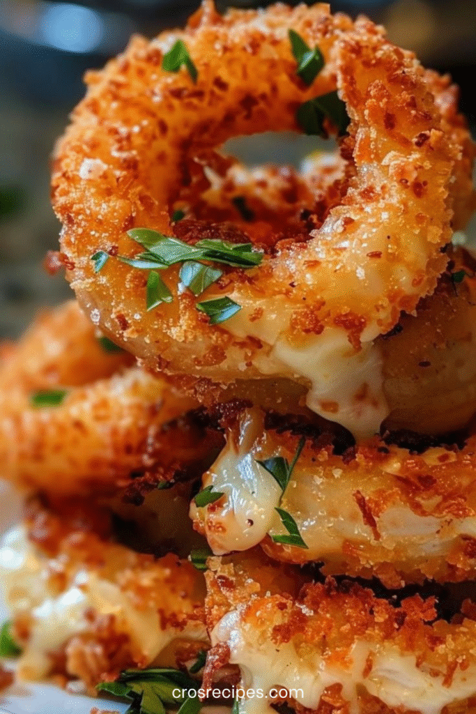 Rondelles d’oignon farcies à la mozzarella, panées et dorées, servies chaudes avec une sauce marinara.