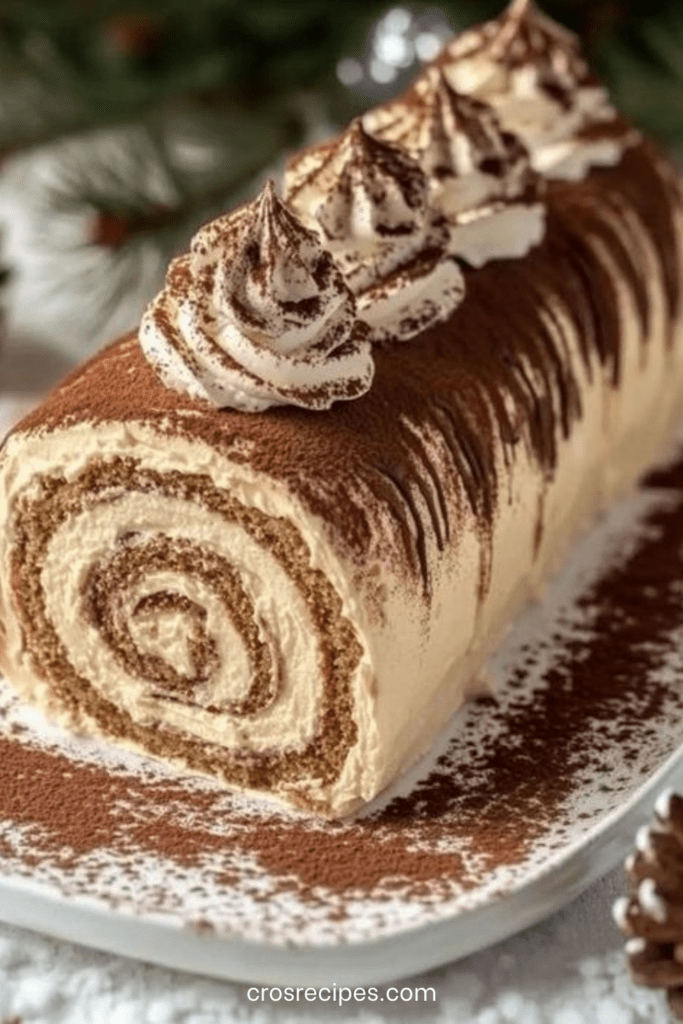Bûche roulée façon tiramisu, garnie de crème mascarpone et saupoudrée de cacao, présentée sur un plat de fête.
