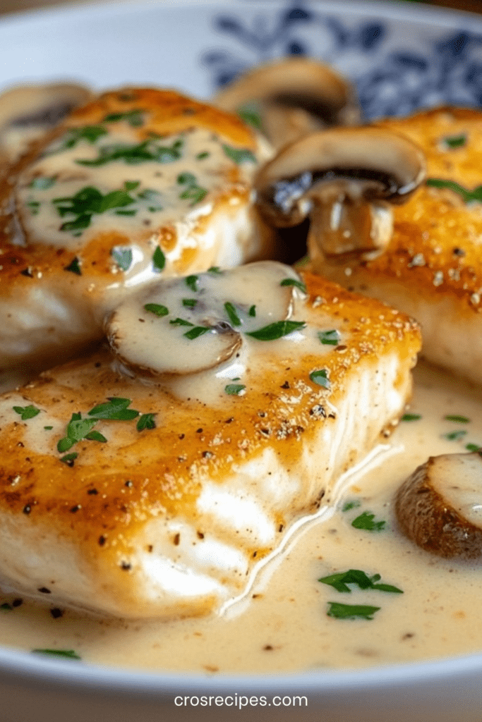 Filets de poisson poêlés nappés de sauce crémeuse aux champignons et persil frais, servis dans une assiette.
