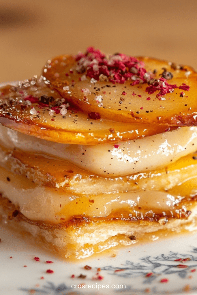 Mille-feuille feuilleté croustillant aux pommes caramélisées et fromage fondant, finition poivre et baies roses.