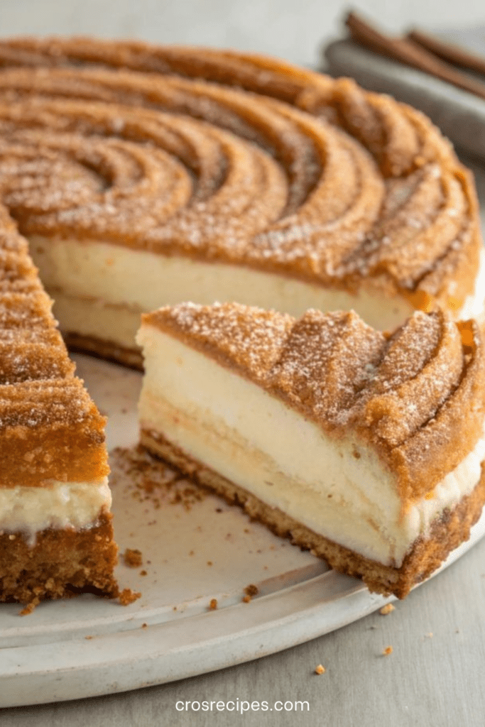 Churro cheesecake doré à la cannelle, texture croustillante et cœur fondant au fromage frais.