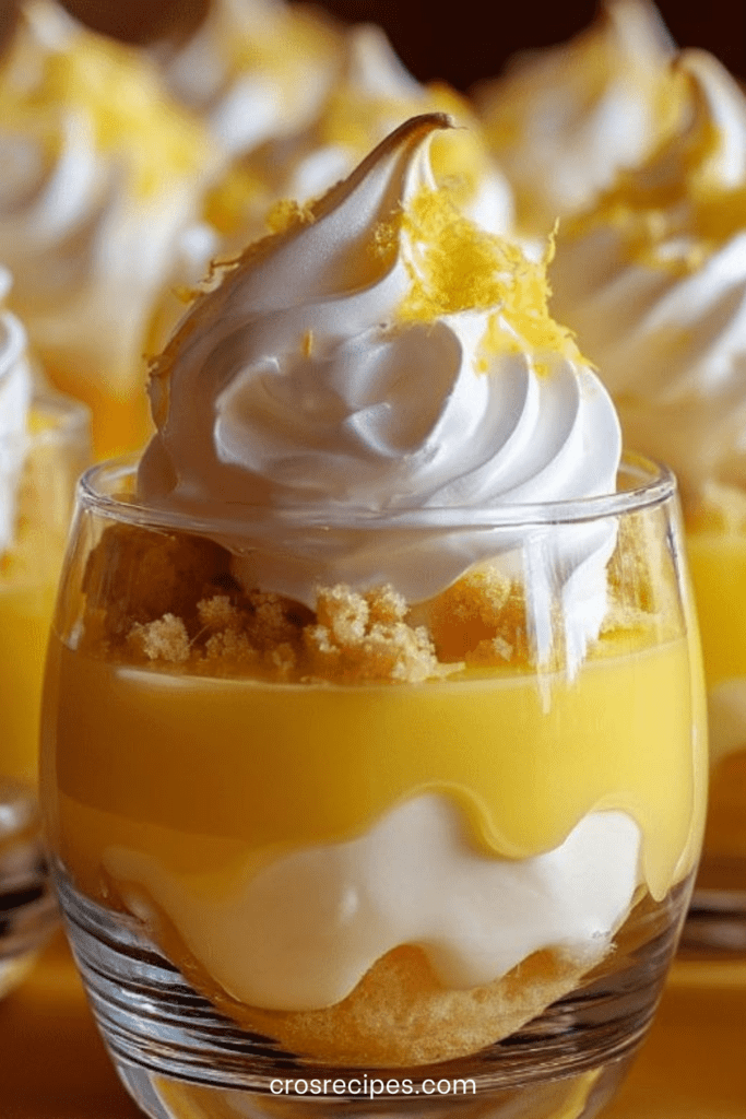 Verrines façon tarte au citron meringuée avec base biscuitée, crème citron et meringue dorée.