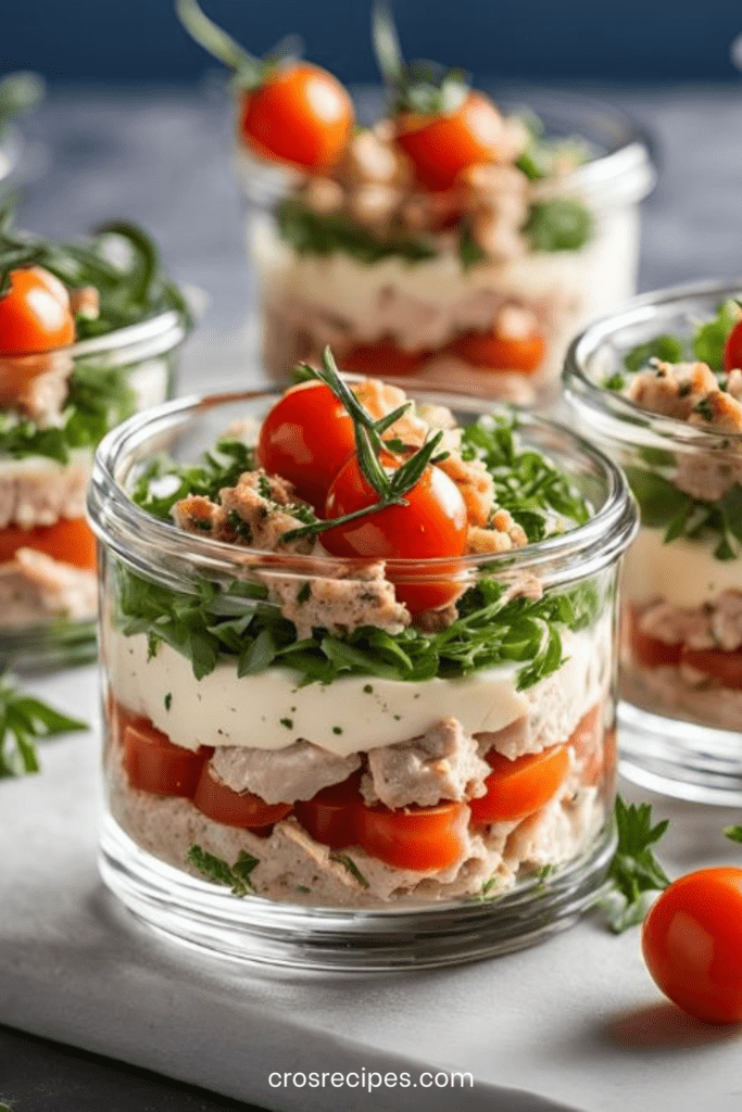 Verrines salées au thon, fromage frais et tomates cerises, servies froides en entrée légère.