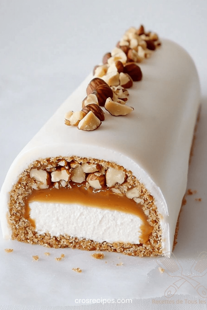 Bûche glacée vanille avec cœur caramel beurre salé et éclats de noisettes, servie en dessert festif.